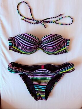 Victoria's Secret Multicolor Striped Bandeau Bikini - Black, Pink, Green, Blue